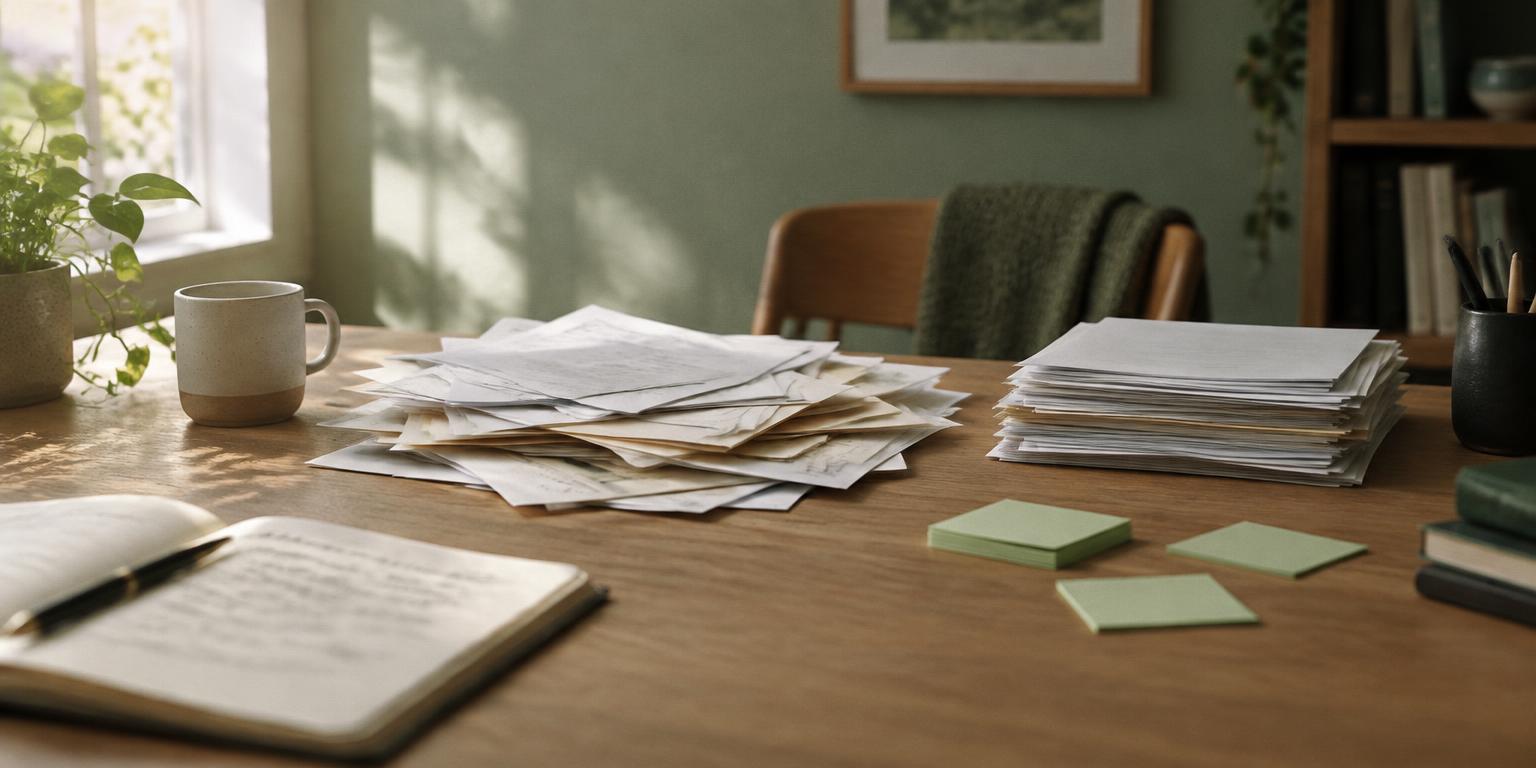A messy pile of papers being sorted into a neat stack on a sunlit desk
