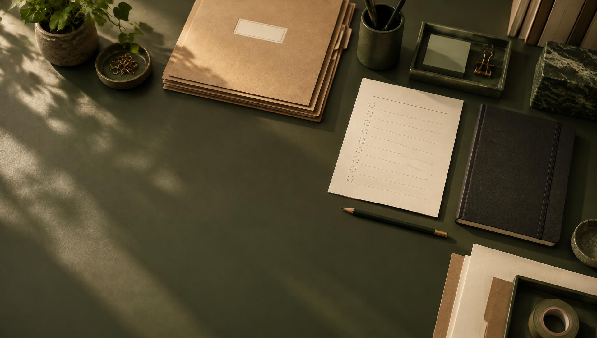 An organized operations workspace with folders, checklist, and notebook