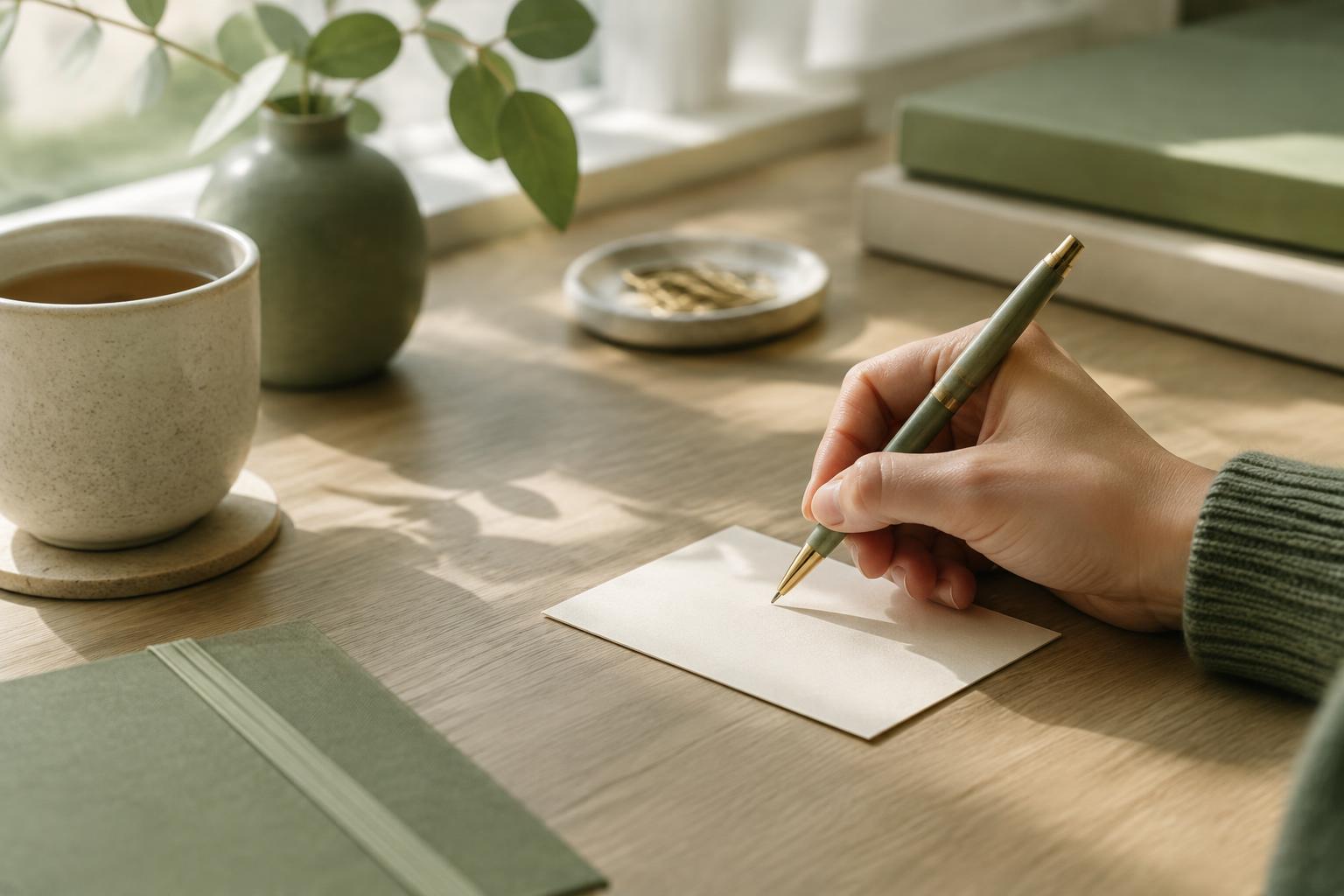 A hand writing a short note at a sunlit desk