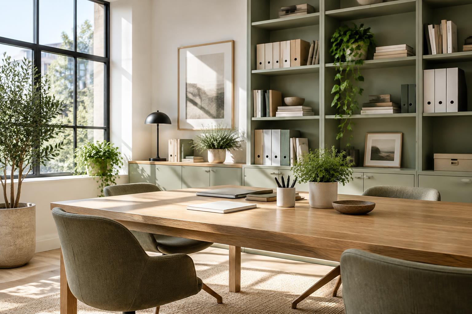 An orderly sunlit workspace with sage shelving and organized files